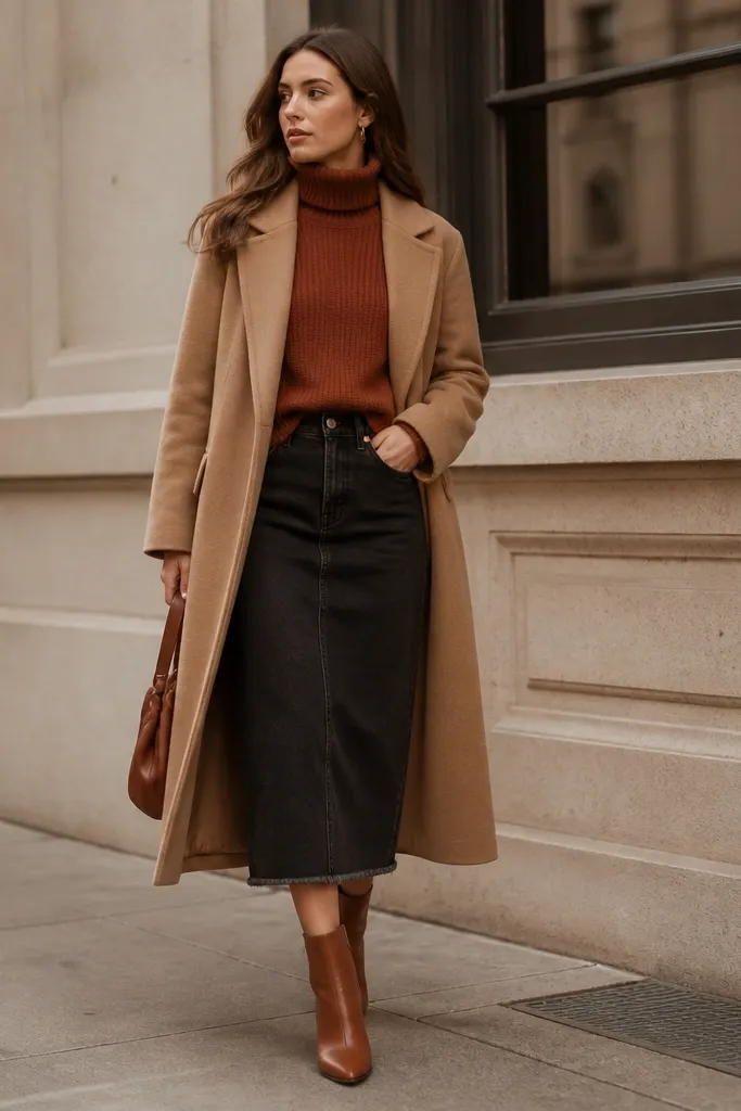 A black denim midi skirt styled with a rust-colored knit turtleneck, layered with a long coat in camel, and cognac ankle boots. The skirt hem falls below the calf with a visible denim hem edge.