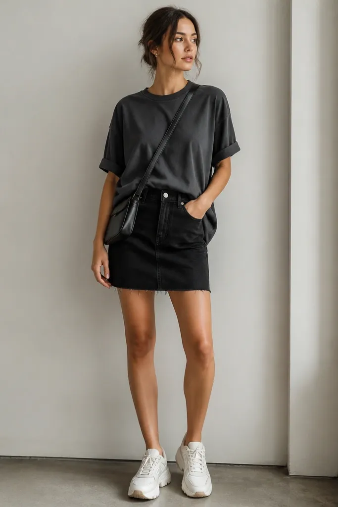 A charcoal oversized T-shirt worn slightly tucked at the front into a black denim skirt, paired with chunky white trainers and a crossbody bag. The tee sleeves are slightly rolled.