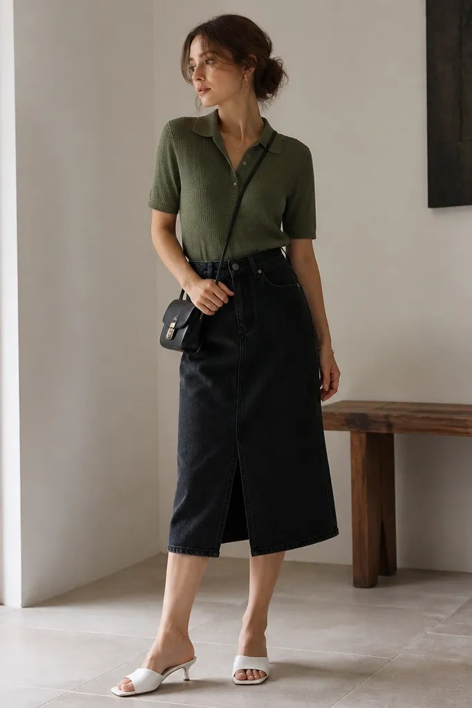 A green olive knit polo tucked into a black denim skirt, finished with white low-heel mules and a small crossbody bag.