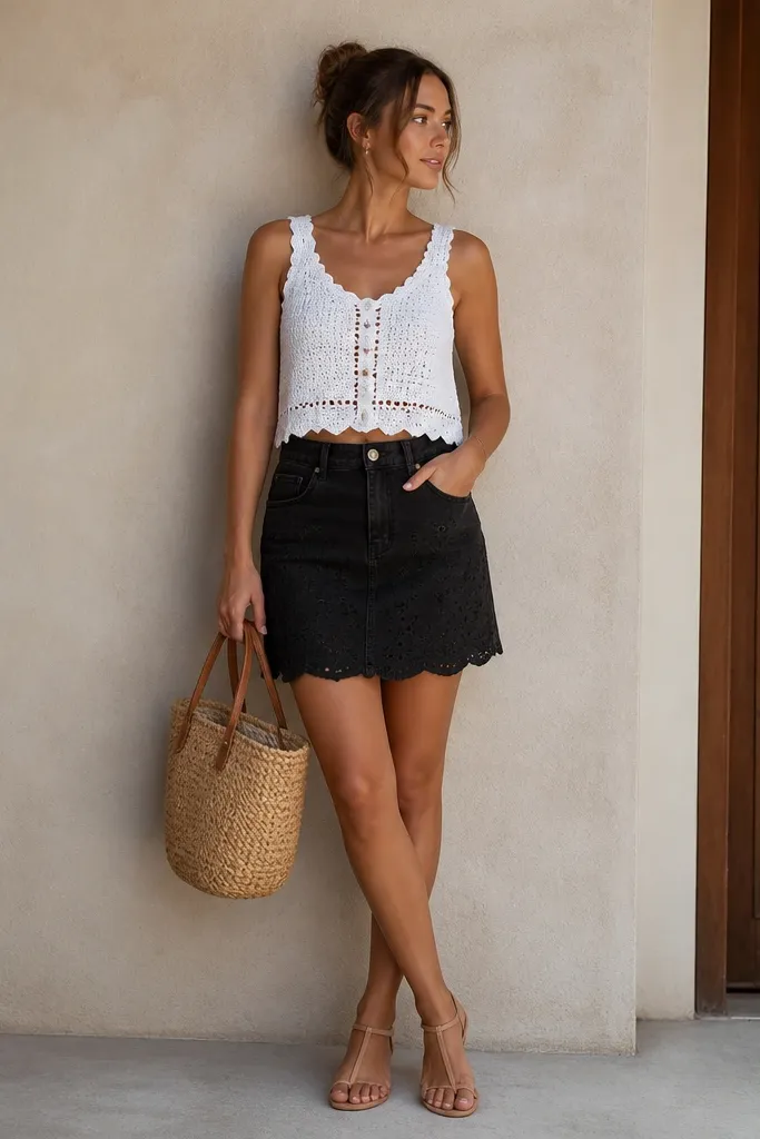 A black denim skirt with eyelet-style stitching paired with a white crochet top that has scalloped edges. Nude T-strap sandals and a straw bag are shown.