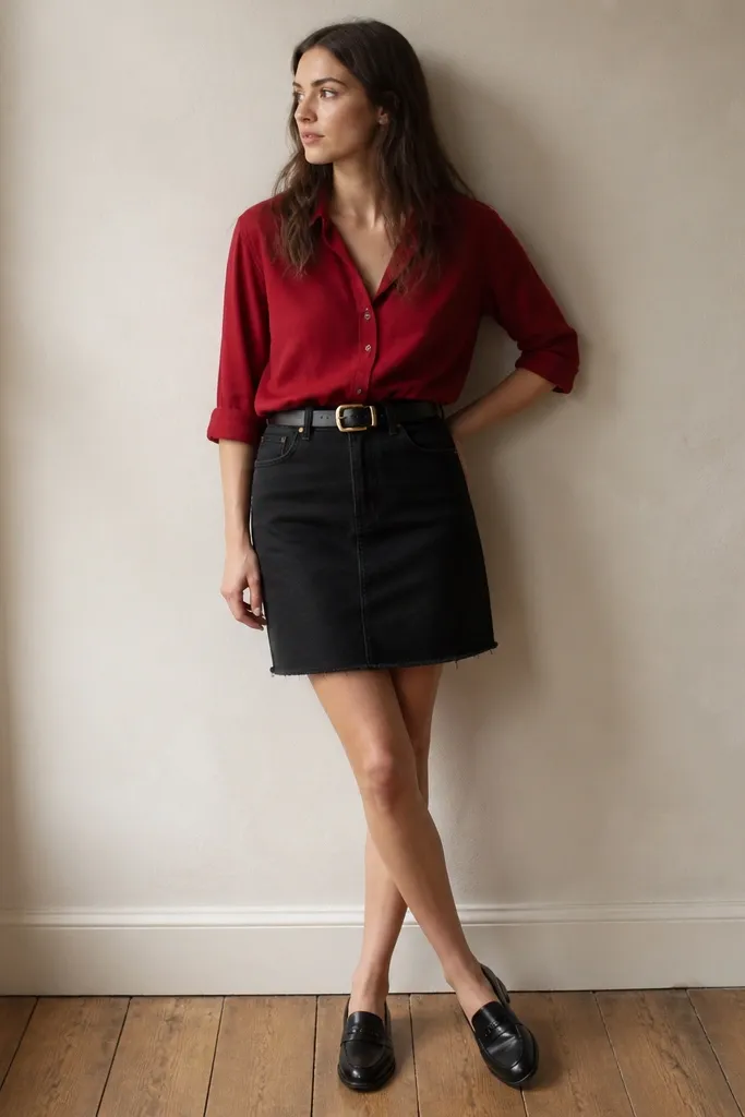 A red button-up shirt tucked into a black denim skirt, paired with black loafers and a black belt. The shirt sleeves are rolled to the forearm.