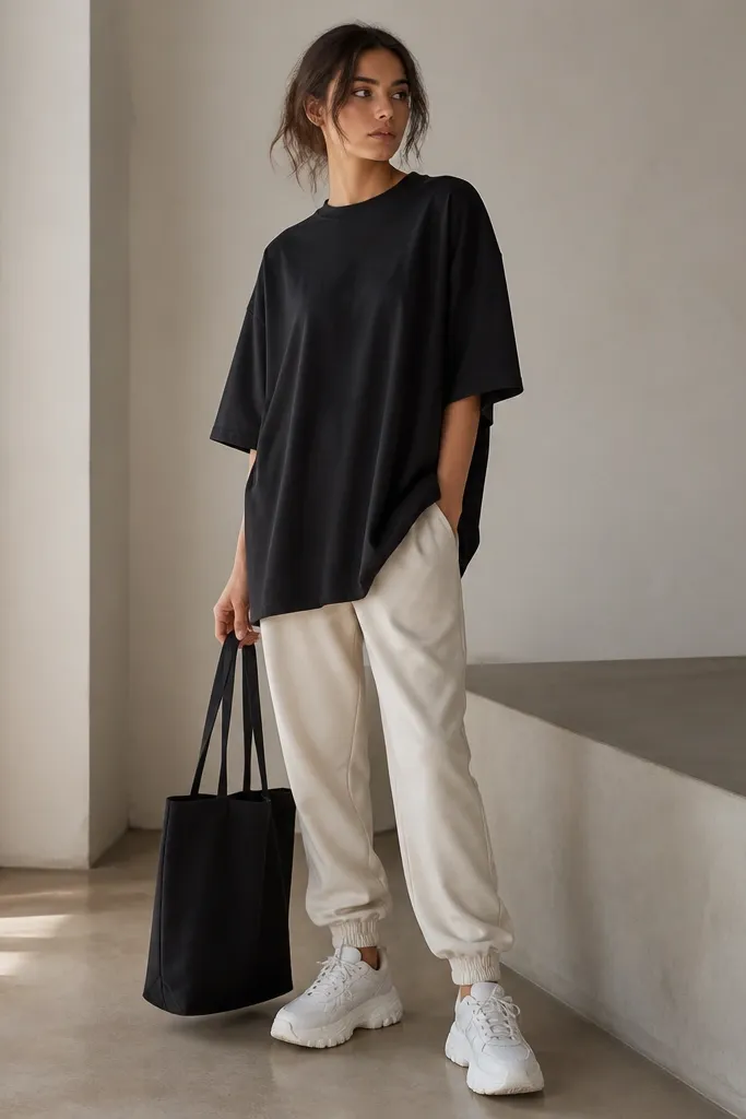 Cream joggers worn with a black oversized T-shirt that drapes loosely. The shoes are chunky white sneakers with thick soles. A black tote bag hangs at the side.