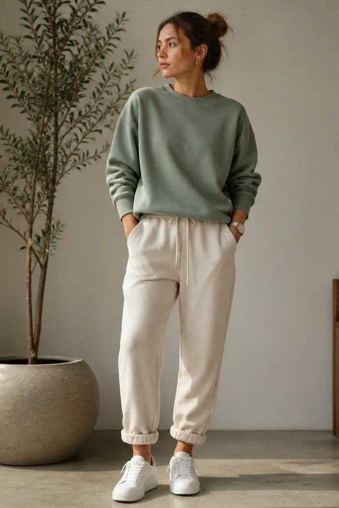 Cream joggers styled with a sage green crewneck sweatshirt. White sneakers sit under a slightly cuffed hem. The outfit includes a minimal watch and small hoop earrings.
