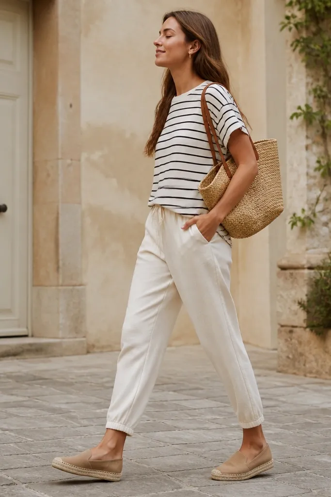 Cream-toned joggers paired with a cream-and-black striped tee. The shoes are tan espadrille flats with a braided jute sole. A straw tote sits on the shoulder.