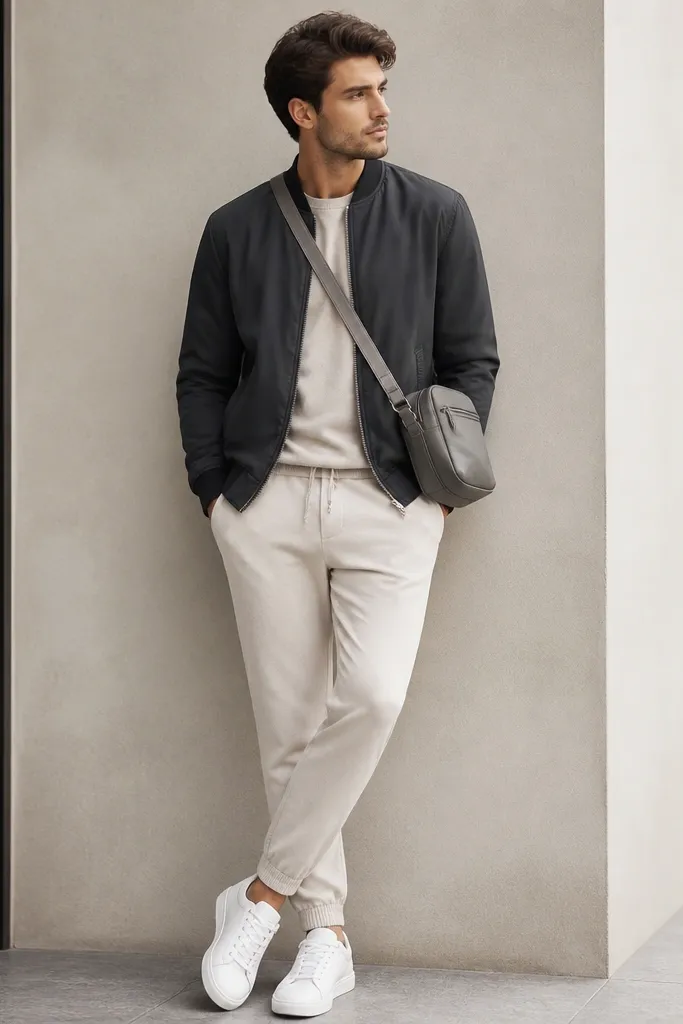 Cream joggers with a charcoal bomber jacket. The jacket has ribbed cuffs and collar. White leather sneakers and a gray crossbody bag are worn together.