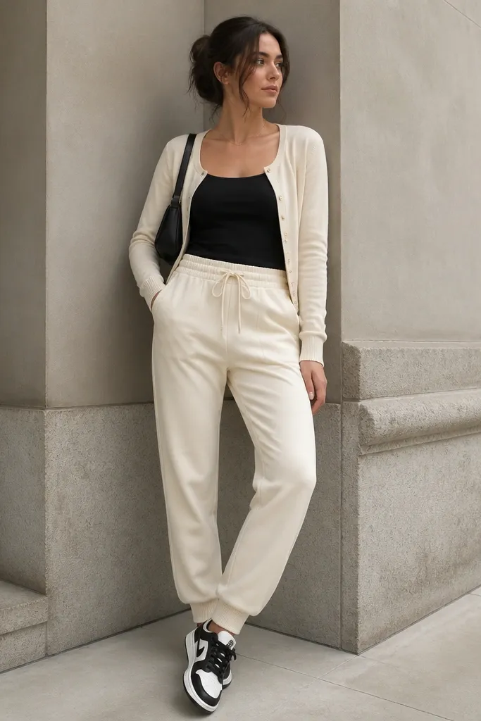 Cream joggers styled with a fitted cream cardigan worn over a black tank. The cardigan buttons are left open. The shoes are black-and-white sneakers, and there's a small black shoulder bag.