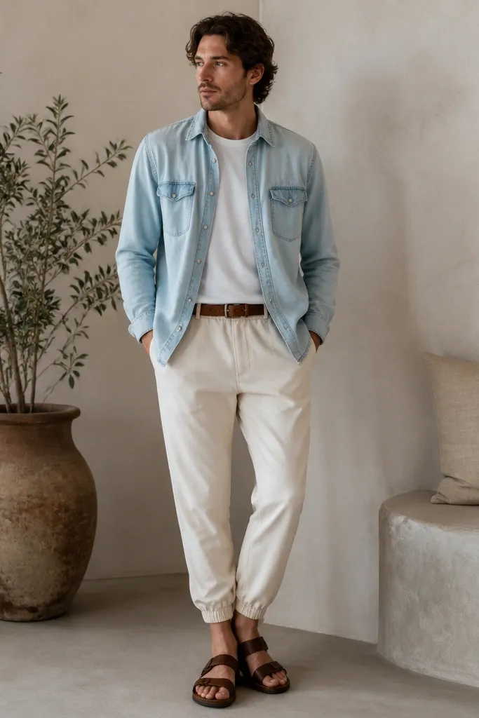 Cream joggers with a light-wash denim button-up worn open over a white tee. Brown leather sandals are paired underneath. A brown leather belt crosses the waist.