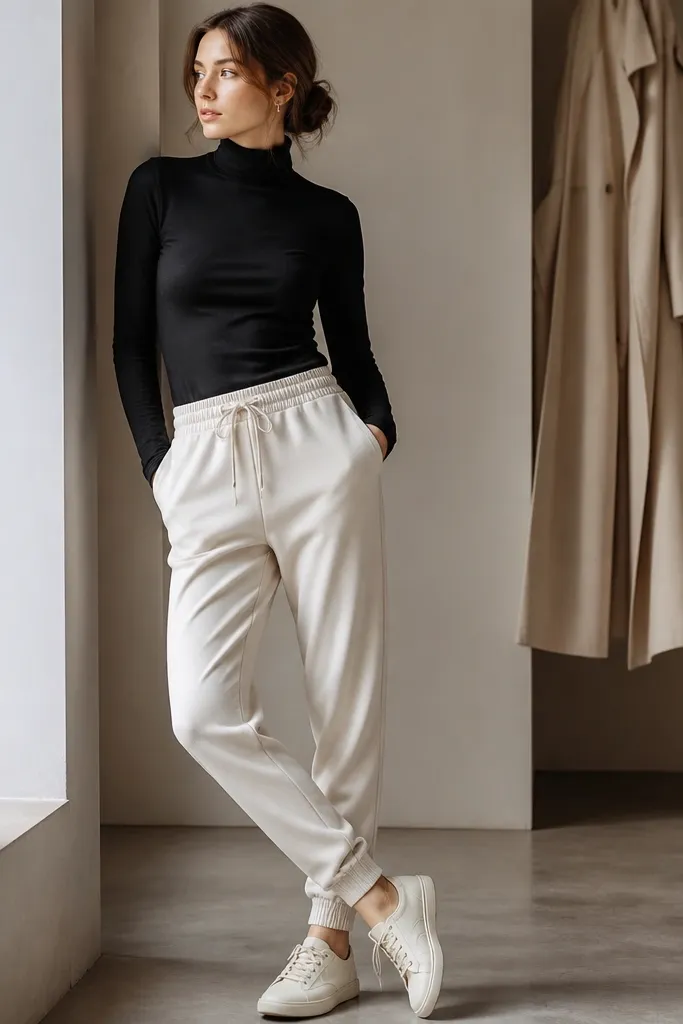 Cream joggers worn with a fitted black turtleneck. A cream trench-style coat hangs open in the background. The shoes are off-white sneakers with a minimal sole.