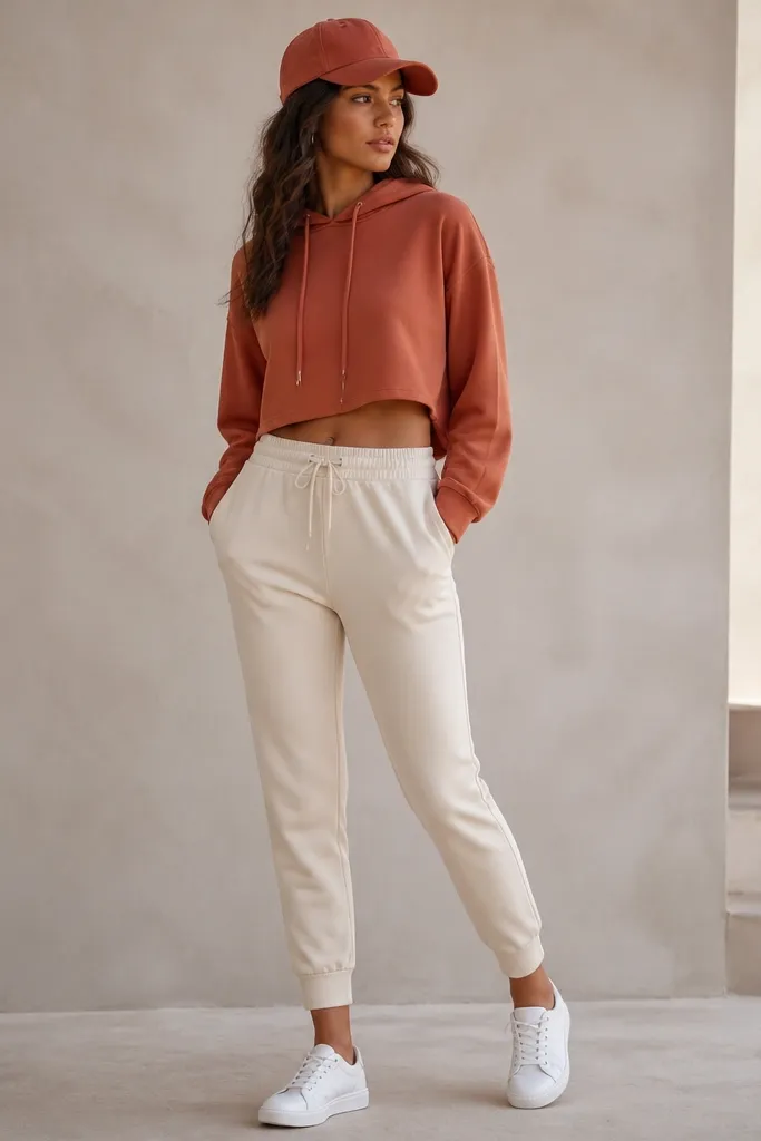 Cream joggers paired with a terracotta cropped hoodie. The hoodie hem sits above the waistband. White low-top sneakers finish the look, with a terracotta cap.