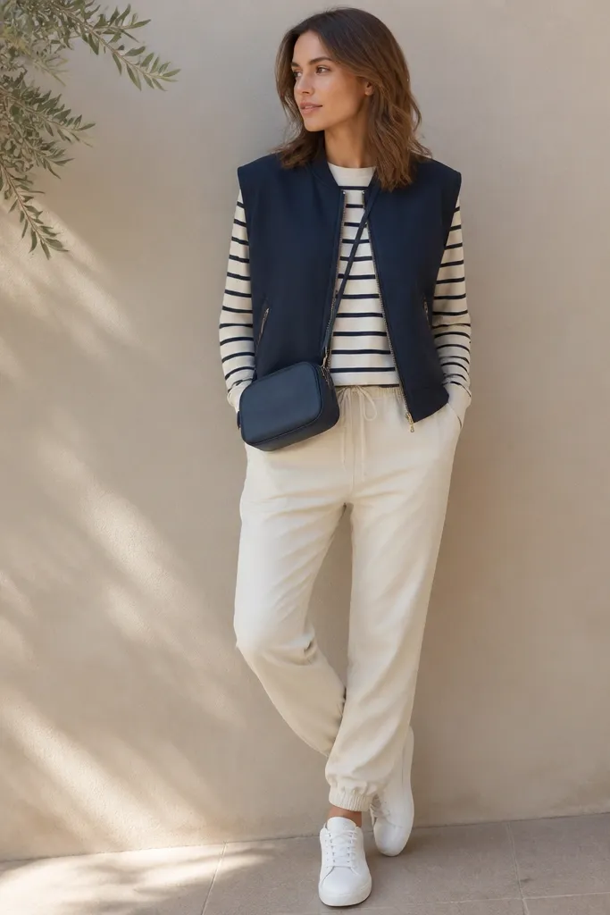 Cream joggers with a navy sleeveless bomber vest over a cream-and-navy striped tee. The vest has a zipper and ribbed edges. White sneakers and a small navy crossbody appear in the frame.