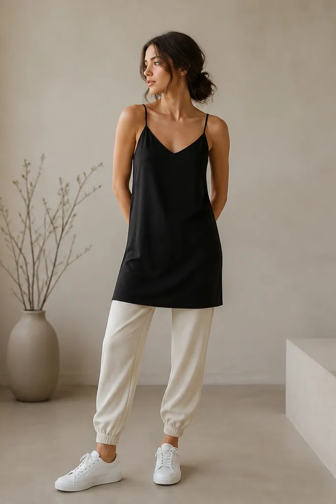Cream joggers layered under a black slip dress worn like a tunic. The dress hem falls around mid-thigh. The shoes are white sneakers, and the dress straps sit neatly on the shoulders.