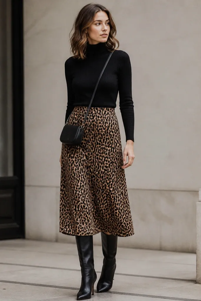 A fitted black turtleneck layered under a midi leopard skirt, with black knee-high boots. A small crossbody bag sits at the hip, and the skirt's hem falls mid-calf.