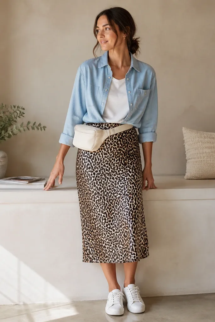 A light blue chambray button-up worn slightly open over a white tee, tucked into a leopard midi skirt. A cream belt bag is worn across the waist, with white sneakers.