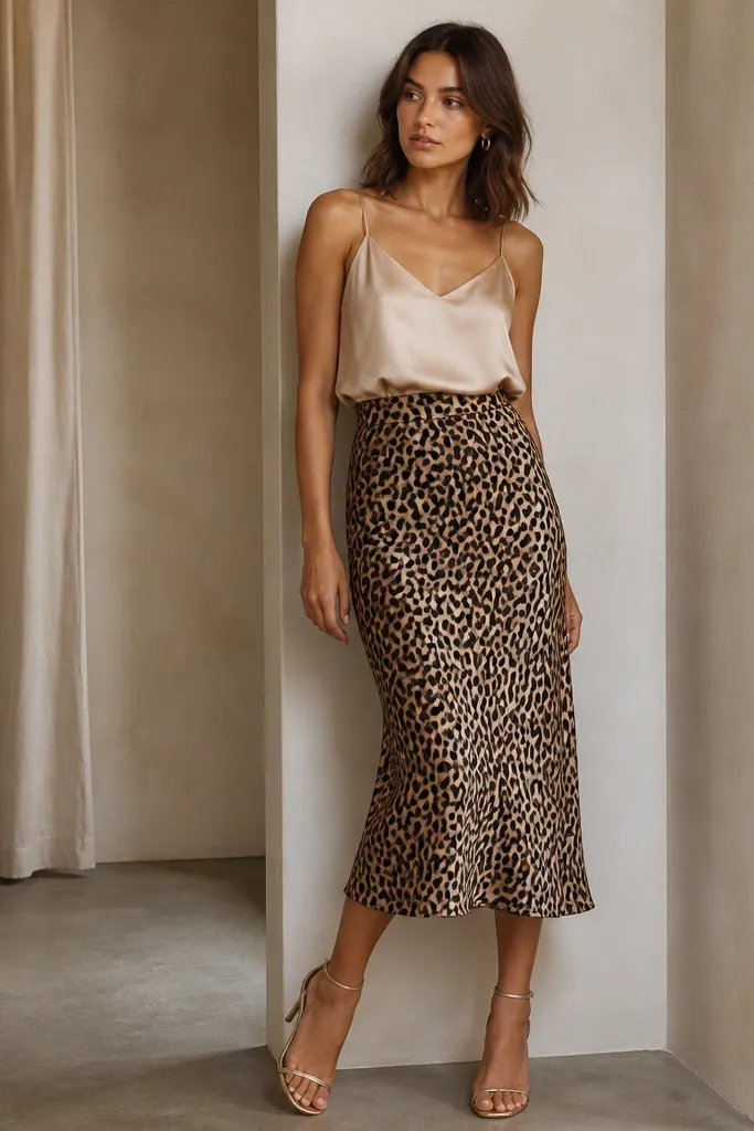A champagne satin camisole tucked into a leopard midi skirt, with small gold hoop earrings. The shoes are strappy heeled sandals in a nude-gold tone.