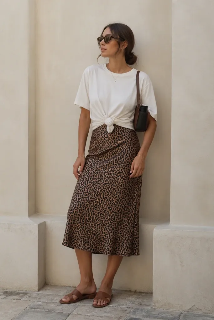 An off-white oversized t-shirt knotted at the waist over a leopard midi skirt. The look includes flat slide sandals and a simple sunglasses case tucked into a small shoulder bag.