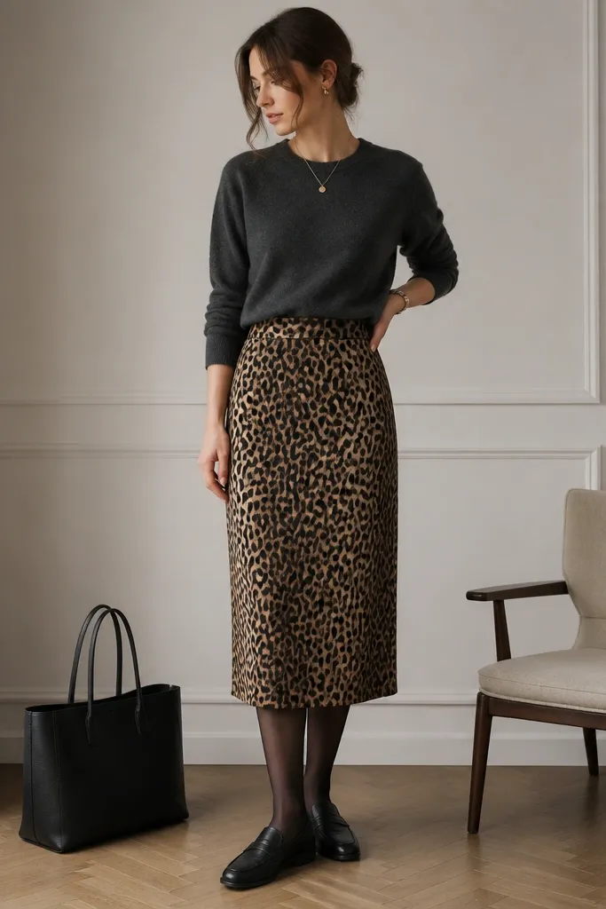 A charcoal crewneck sweater tucked into a leopard midi skirt, worn with sheer black tights and black loafers. A structured black tote sits beside the outfit.