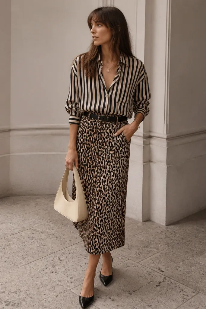 A black-and-cream striped button shirt lightly tucked into a leopard midi skirt with a slim black belt. The shoes are black pointed flats and the bag is cream.