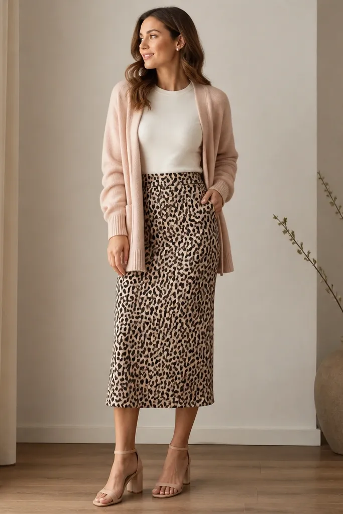 A soft blush cardigan worn over a cream fitted top and tucked into a leopard midi skirt. The shoes are nude block-heel sandals, and the jewelry is small pearl studs.