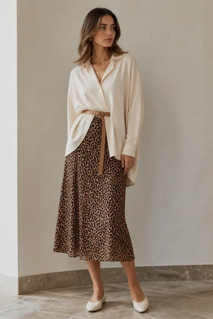 A cream button-up shirt worn over the leopard midi skirt like a tunic, with the front half tucked and the rest draped. The outfit includes a tan belt and cream flats.