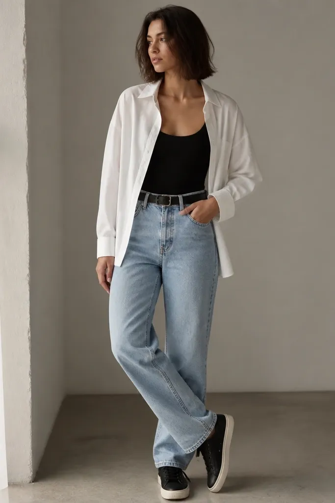 A white overshirt worn open over a black scoop tank, straight-leg light-wash jeans, black belt, and low-top black sneakers.
