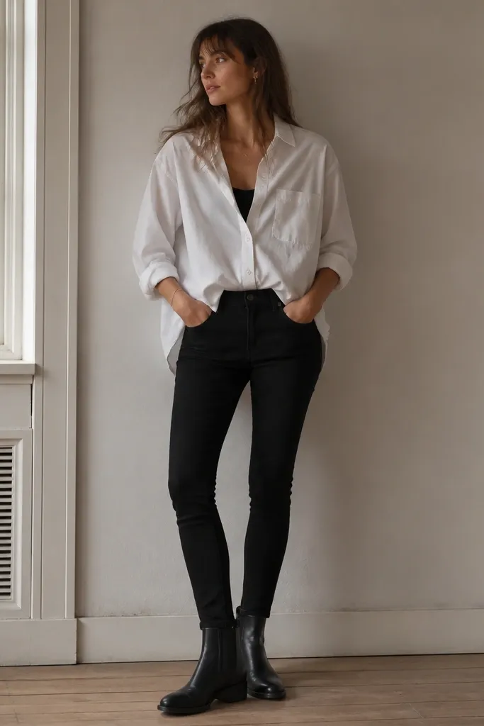 A slightly oversized white shirt tucked at the sides into black skinny jeans, black tank visible underneath, sleeves rolled, and black Chelsea boots.