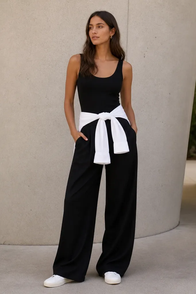 A white button-up tied around the waist over a black tank, wide-leg black trousers, and white sneakers.