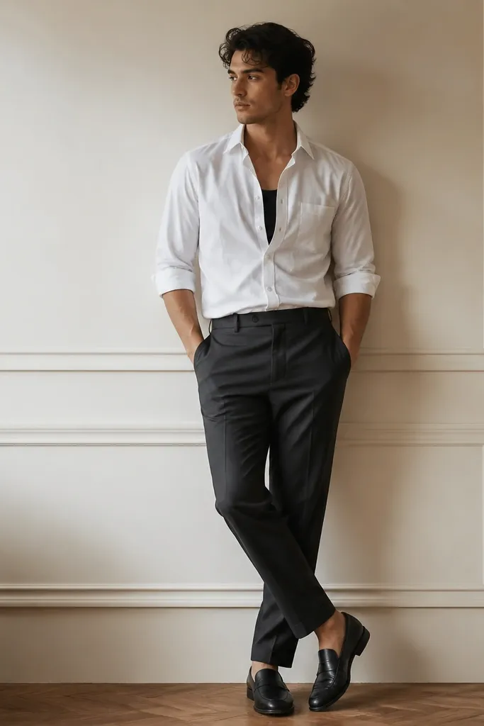 A white button-up worn open at the top with sleeves rolled, black tank showing at the collarbone, dark gray chinos, and minimal loafers.