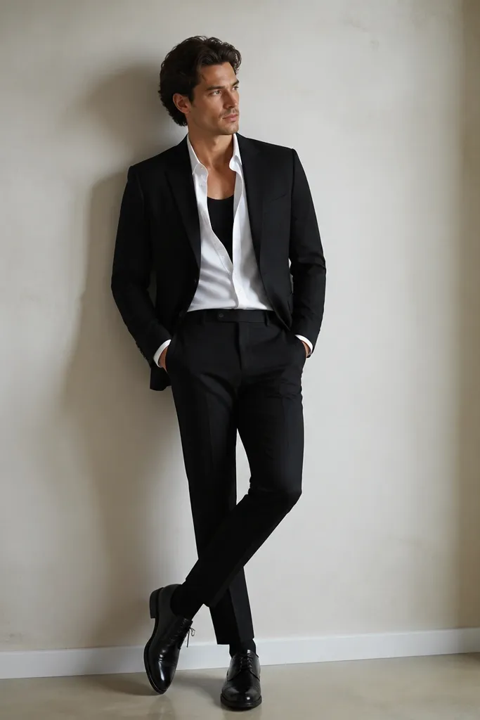 A fitted black blazer over a white unbuttoned shirt, black tank visible underneath, black trousers, and polished black derbies.