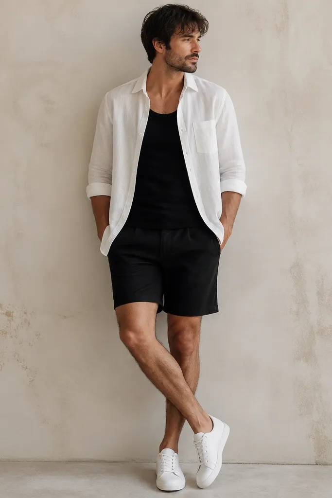 A light linen white shirt worn open over a black tank, black shorts, and white low-top sneakers.