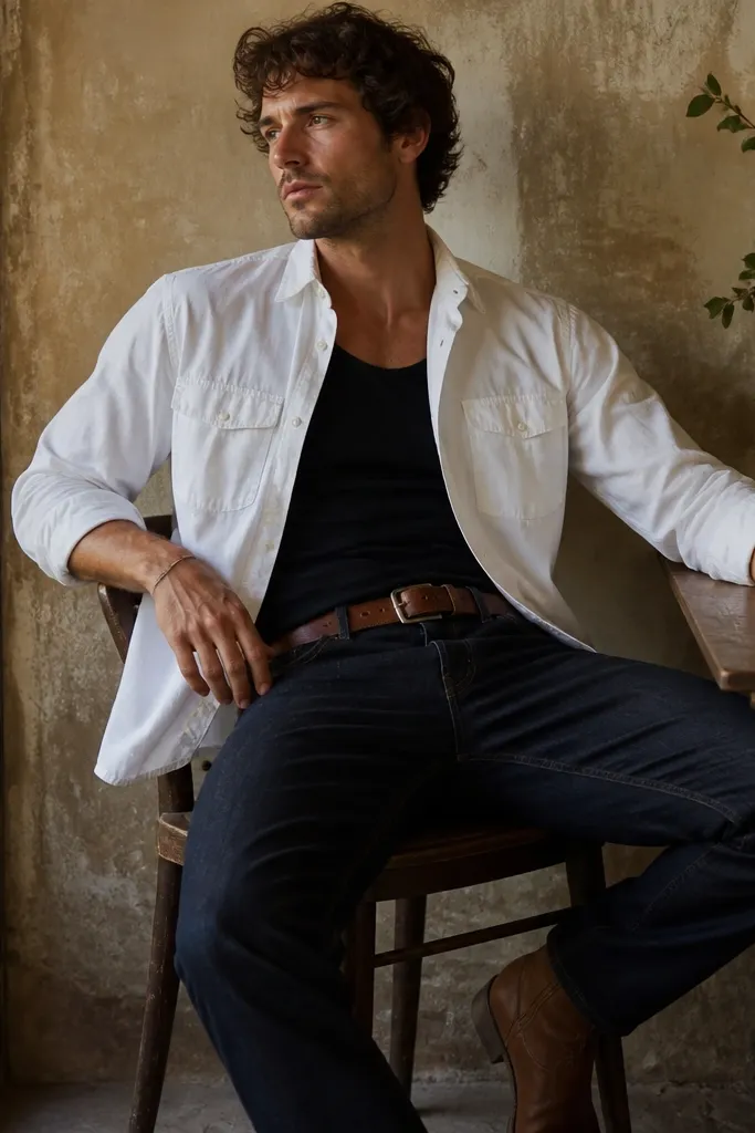 A white work shirt worn half-buttoned over a black tank, dark indigo denim, a brown leather belt, and boots.