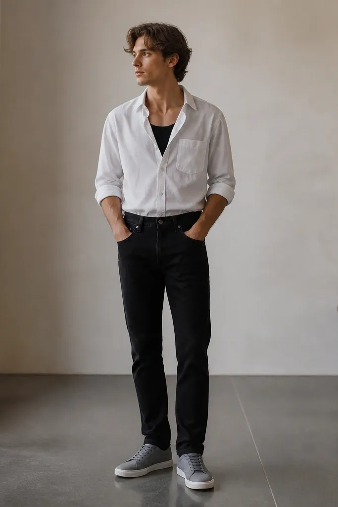 A white shirt fully tucked into black jeans, black tank visible with slightly wider straps, and clean gray sneakers.
