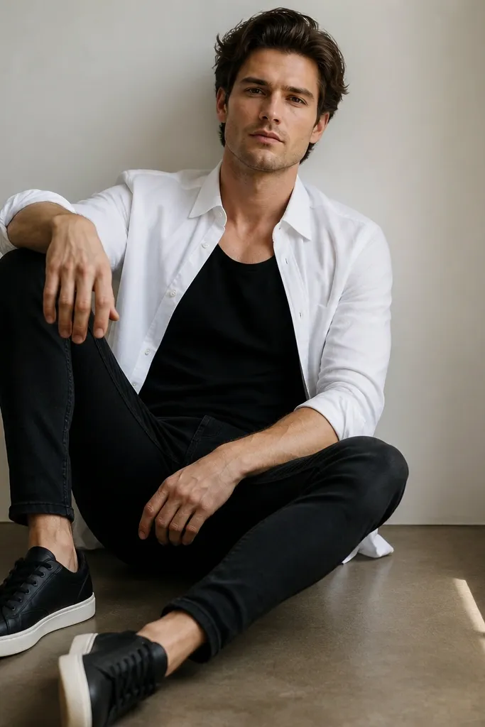 A white shirt worn open over a black tank, black skinny jeans, and black sneakers with white soles.