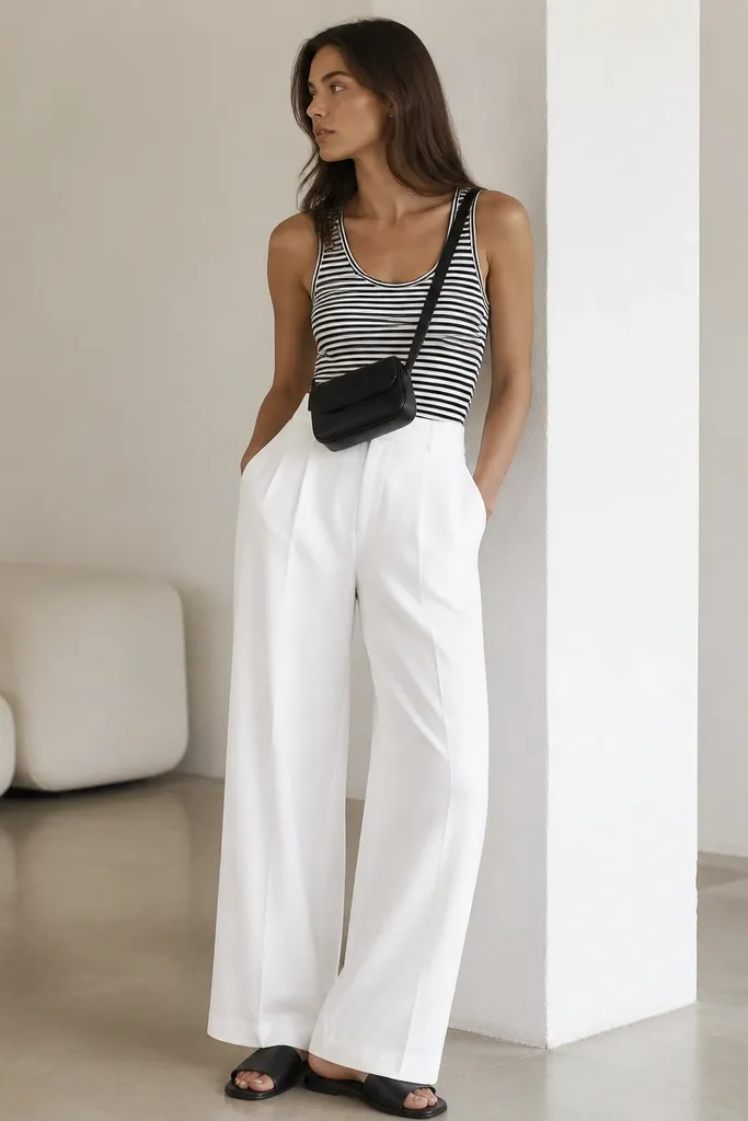 Flowy white wide-leg trousers with a pressed front crease, a black-and-white striped tank tucked into the waistband, and a small black belt bag worn across the front. The shoes are black leather slides.