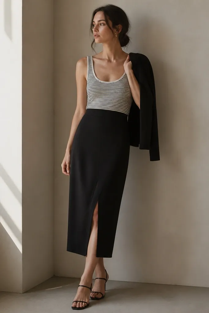 A black midi skirt with a subtle front slit, a striped ribbed tank tucked in, and black strappy sandals with thin straps. A lightweight black cardigan is draped over the shoulder.