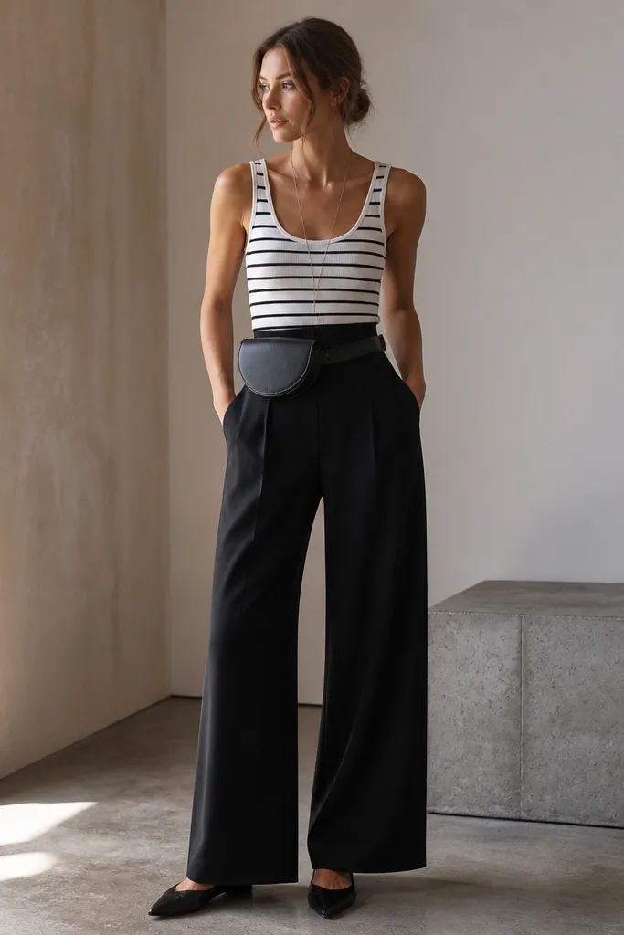 A striped tank top tucked into black high-rise wide-leg trousers. A black belt bag worn at the waist. Pointed-toe black flats and a long thin necklace are visible.