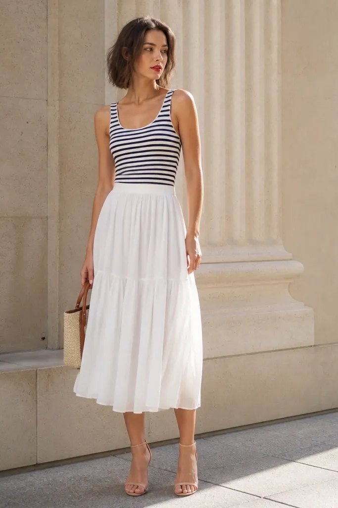 A striped tank top tucked into a flowy white midi skirt. The skirt has a subtle tier or soft pleats. Strappy nude-pink sandals and a small red lip are visible.