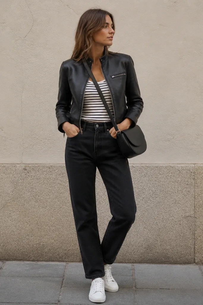 A cropped black leather jacket zipped halfway, a tucked black-and-white striped tank, black straight jeans, and white leather sneakers. A crossbody bag in black leather sits at the hip.