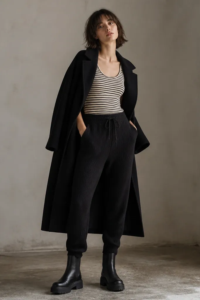 Black ankle-length knit trousers with a tapered ankle, a striped tank tucked in, and chunky black boots. A long black coat hangs open behind the outfit.