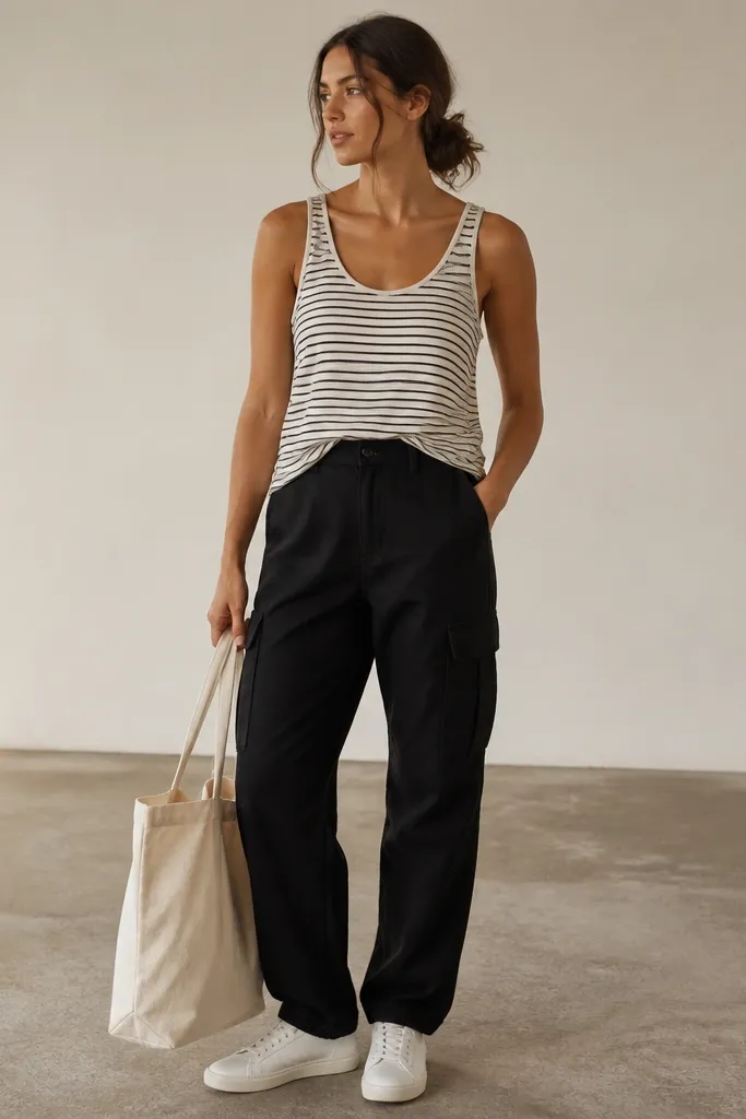 Black cargo pants with cargo pockets at the thighs, a striped tank tucked loosely at the front, and a large canvas tote in off-white. White sneakers complete the look.