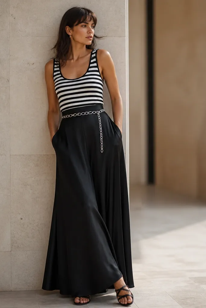 A striped tank top tucked into a black flowy maxi skirt with a slight sheen. A silver chain belt sits at the waist. Sandals and small silver earrings are visible.