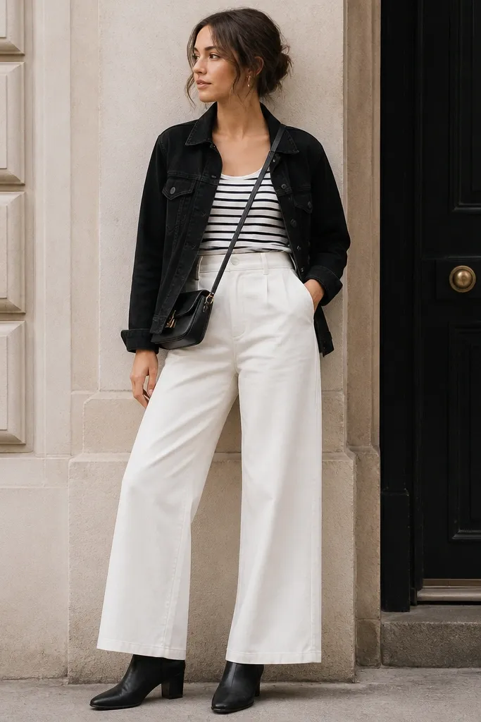A striped tank top under a black denim jacket worn open. White wide-leg pants sit high at the waist. Black ankle boots and a small crossbody bag are shown.