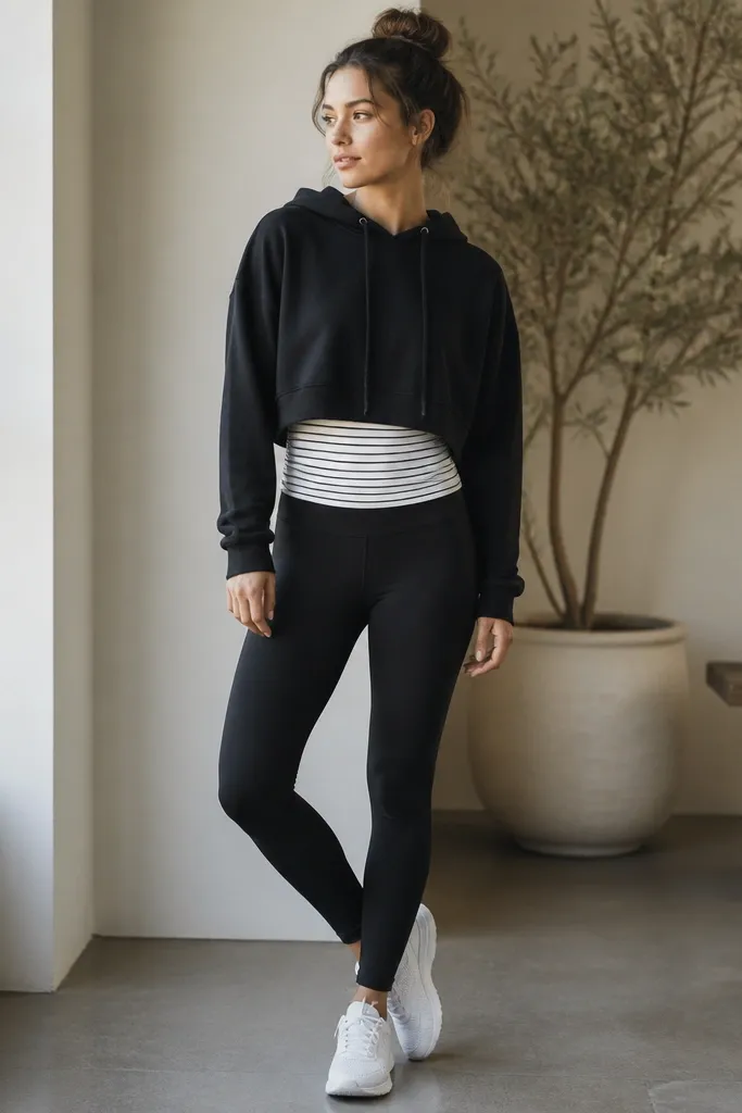 Black leggings, a striped tank worn layered under a cropped black hoodie, and white running shoes. The hoodie hem sits above the leggings waistband.