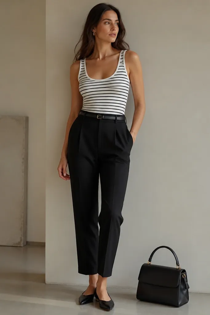 A striped tank top tucked into black tapered trousers. Black pointed flats and a structured handbag sit in frame. A thin black belt is visible at the waist.