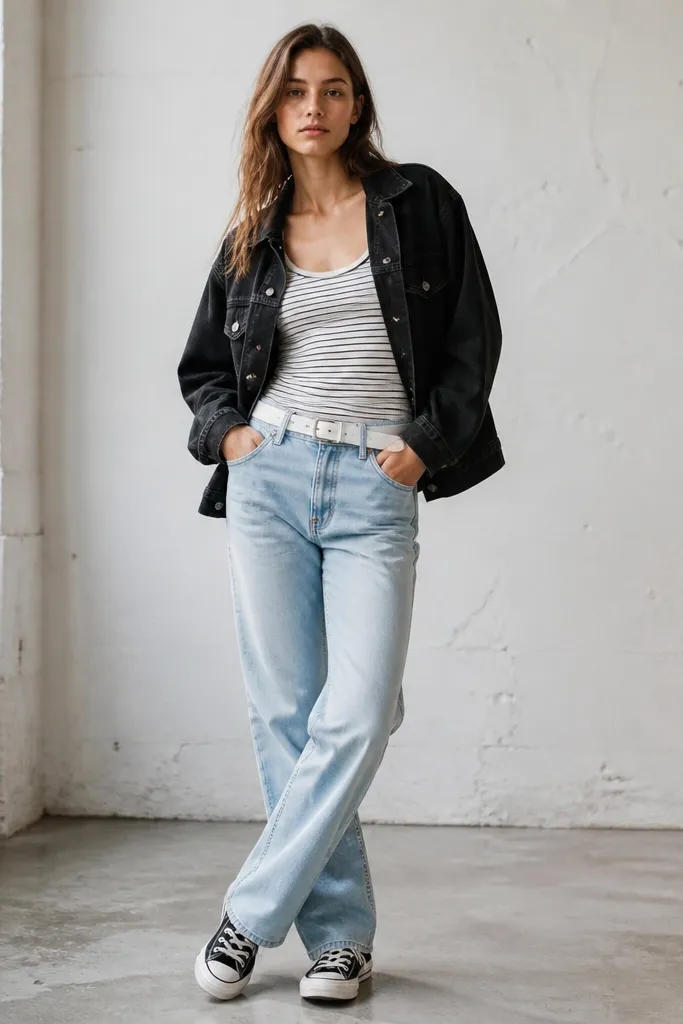 A black denim jacket worn open, a striped tank centered underneath, and light-wash straight jeans. White belt and black-and-white sneakers are visible.