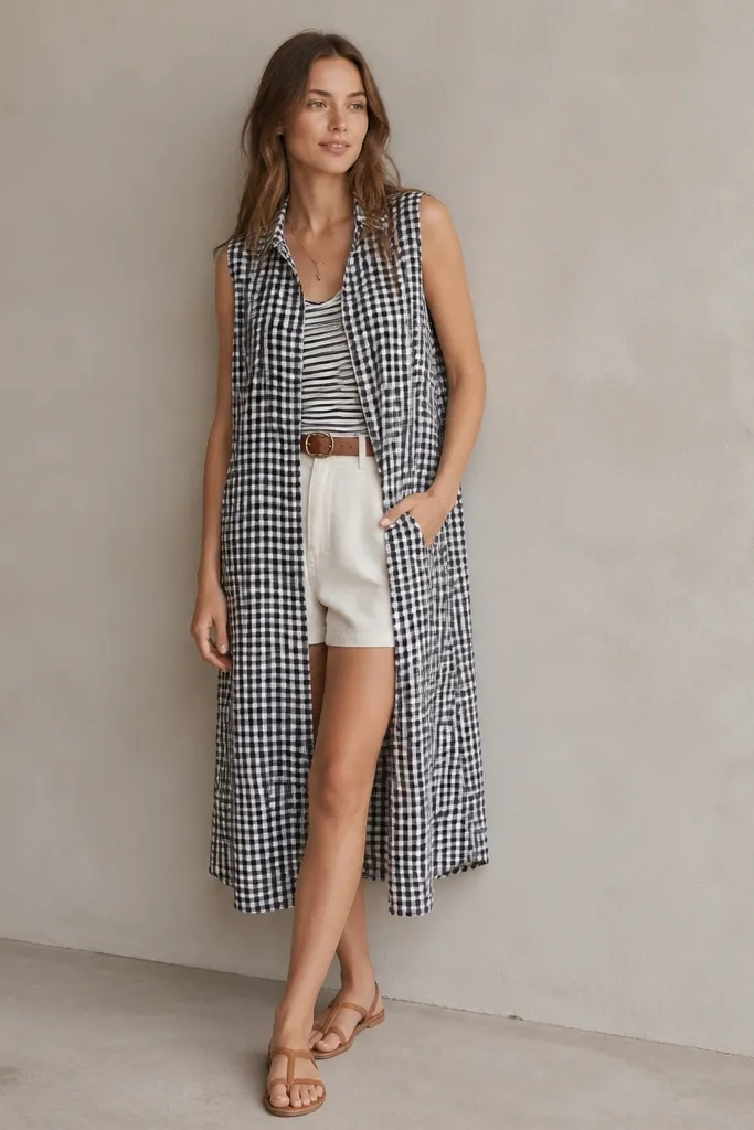 A striped tank top layered under a sleeveless black-and-white gingham shirt dress worn open at the front. The tank peeks at the neckline and waist. Flat sandals and a belt are visible.