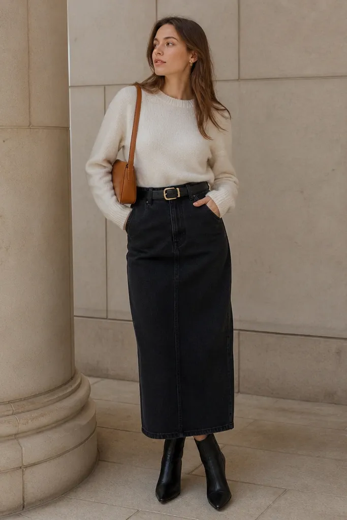 Model wears a black denim midi skirt with a straight silhouette and hem just above the ankle. She has on a cream knit sweater tucked into the skirt, cinched with a black leather belt. Feet are in black heeled ankle boots; she carries a small tan shoulder bag.