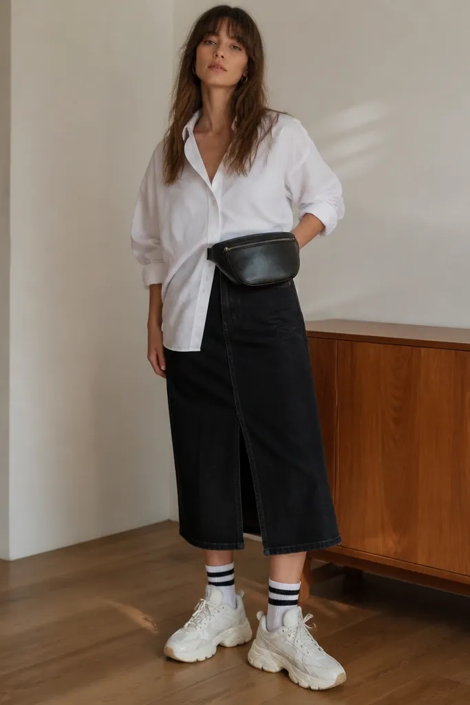 Model wears a high-waist black denim skirt in a straight cut. She layers a white oversized button-down shirt left untucked, sleeves rolled to mid-forearm. She wears black-and-white striped crew socks with chunky white sneakers and a black belt bag across the waist.