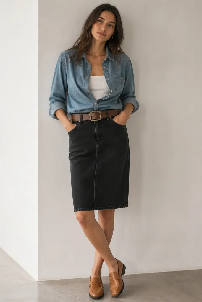 Model wears a black denim skirt in a straight cut with a mid-knee hem. She layers a chambray blue button-up shirt over a white camisole, with the shirt half-buttoned and sleeves rolled. She wears a wide brown leather belt and tan loafers.