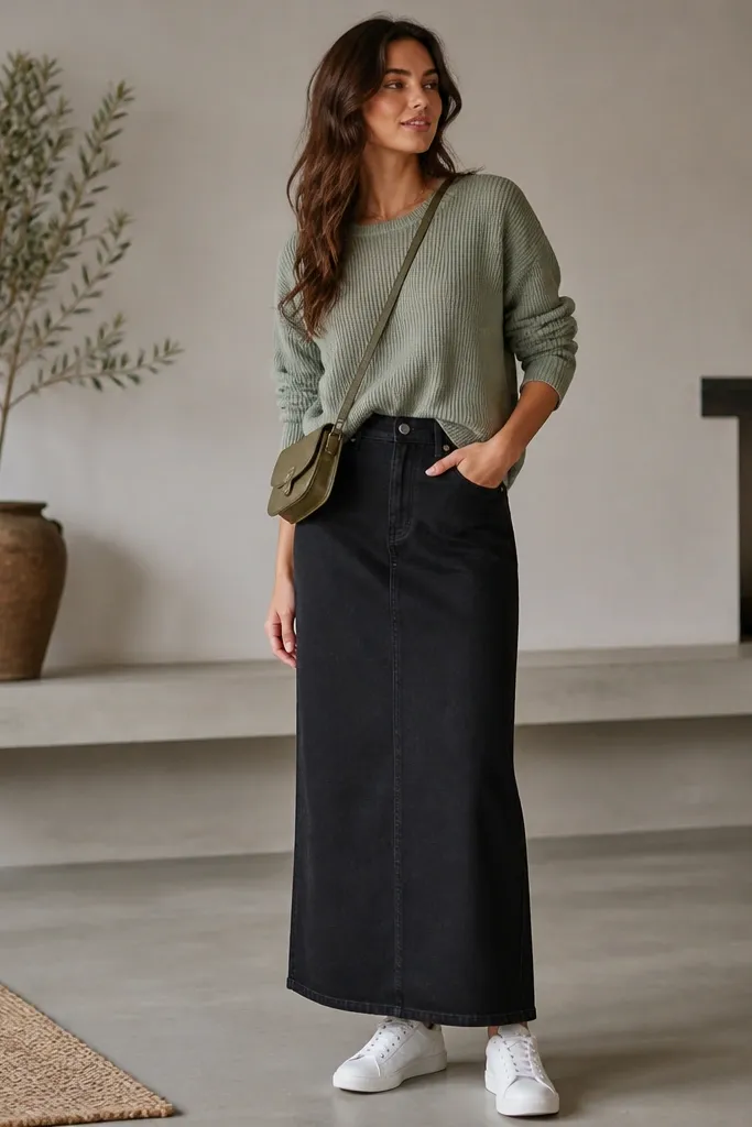 Model wears a black denim maxi skirt with a slight A-line and a clean hem. She pairs it with a sage green knit sweater tucked loosely at the front. Shoes are white sneakers; bag is a small olive crossbody.