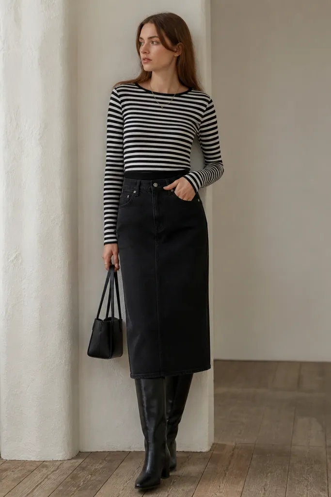 Model wears a black denim skirt in a straight cut with a mid-calf hem. She has a black-and-white striped long-sleeve top tucked in. Footwear is black knee-high boots; she carries a small black tote and wears a thin silver chain necklace.